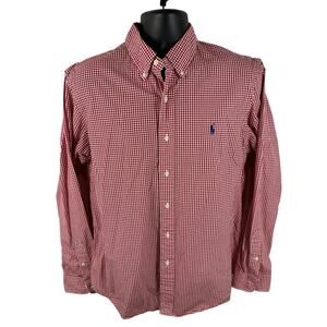 Vintage Ralph Lauren Gingham Plaid Button Up Dress Shirt Mens Large Red/White